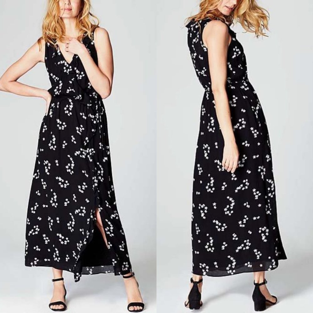NWT Black Floral Ruffle-Trimmed Maxi Dress